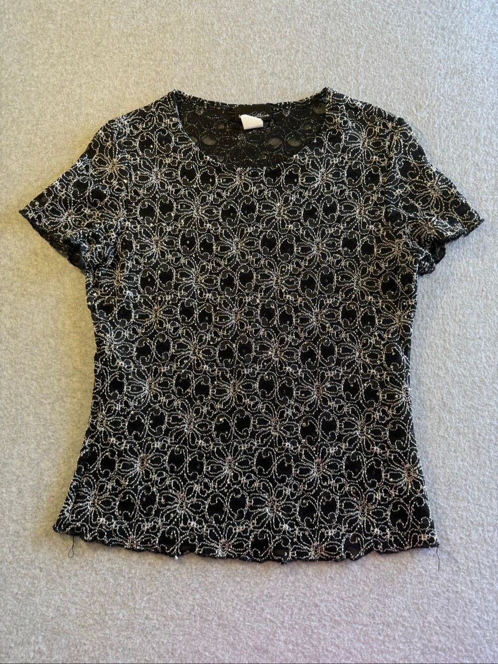 Vintage Y2K whimsigoth Brittany Black Sparkly Floral Lace Top M